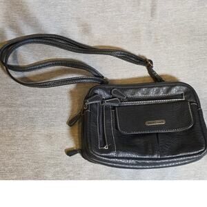 MultiSac Zippy Triple Compartment Black Faux Leather Crossbody Handbag Purse
